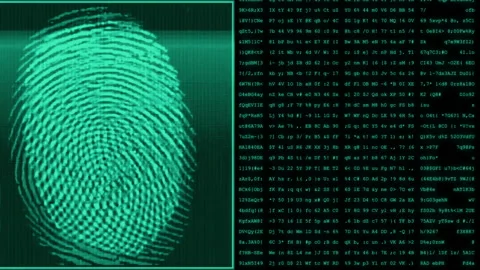 A biometric fingerprint scanner comparing fingerprints to encrypted information. Stock Footage 149302997