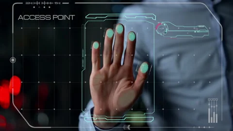 Biometric hand scan process allow user access identifying personality close up Stock Footage 167945797