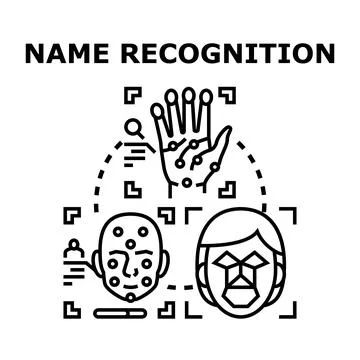 Biometric identification and name recognition system working with face, hand, Stock Illustration