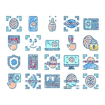 Biometric identification security access technology sketch icons Stock Illustration