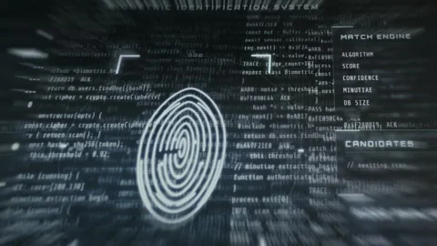 Biometric Identification System interface with lines of code on background 스톡 동영상 335458156