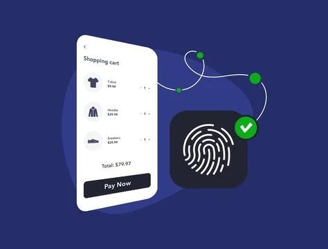 Biometric Payment Authentication in Mobile Checkout Process. Fast and secure Stock Illustration