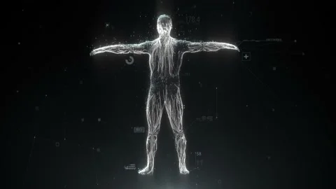 Biometric scan of human body with data and Infographics Stock Footage 139738733
