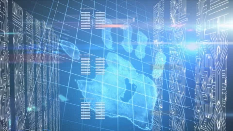 Biometric scanner and microprocessor connections against blue background Stock Footage 135459069