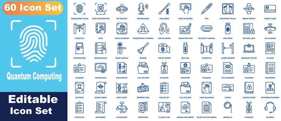Biometric security and identification icon sheet, 60 blue line icons includ.. Stock Illustration