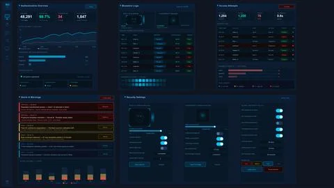 Biometric Security Dashboard UI Kit Vector Fingerprint Face ID Stock Illustration