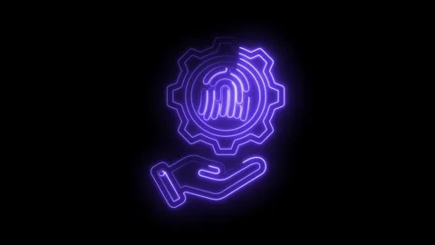 Biometric security management neon style animation on a hand with gear mechanism Stock Footage 330784944