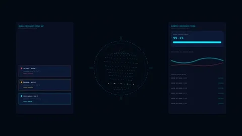 Biometric Security Scan and Cyber Threat Map UI Loop Stock Footage 345339322