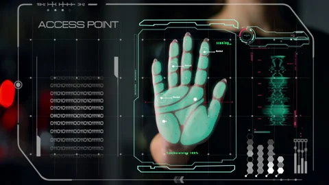 Biometrical palm system accessing user connection identifying hand print closeup Stockbeeldmateriaal 167947512
