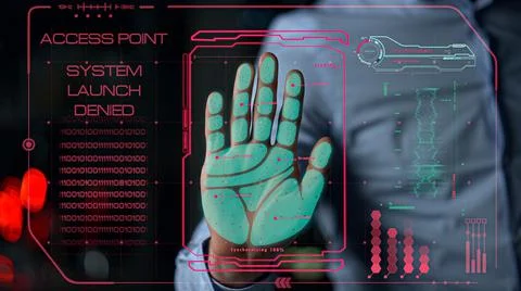 Biometrical verification system deny application launching blocking user closeup Foto stock