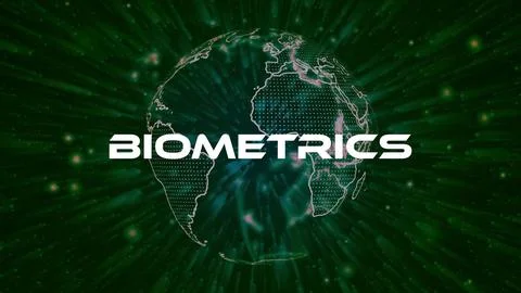 Biometrics text concept on si-fi particles background. Dot particles techno.. Stock Illustration