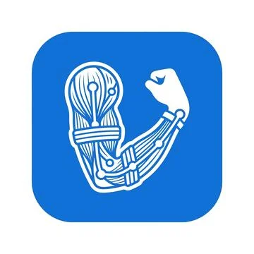 Bionic arm icon, blue background, cyborg muscle, robotic limb symbol. 스톡 일러스트