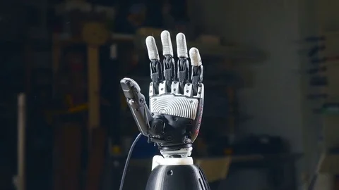 Bionic arm printed on 3D printer. Futuristic technology Stock Footage 73293936