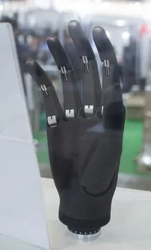 Bionic arm prosthesis. Plastic prosthesis printed on a 3D printer. Robotic arm. Foto stock