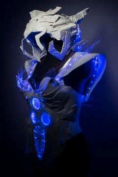 Bionic armor with blue LED lights and plastic materials Stock Photos