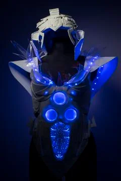 Bionic armor with blue LED lights and plastic materials Stock Photos