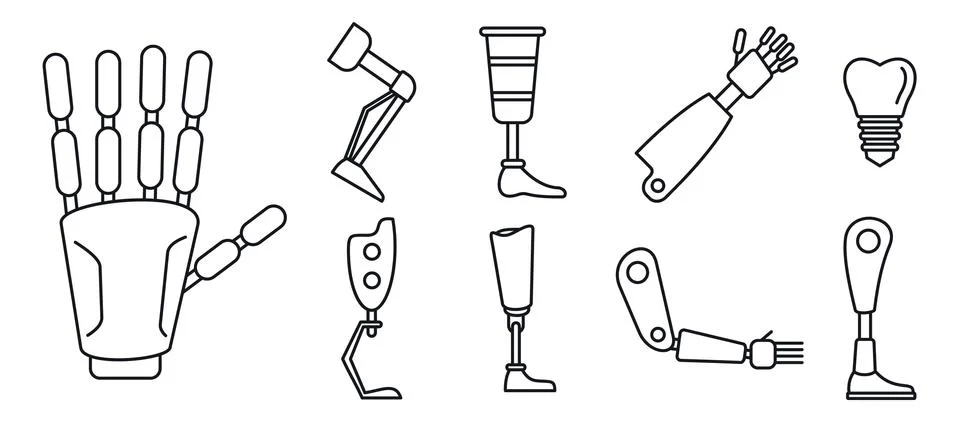 Bionic artificial limbs icons set, outline style Illustrazione stock