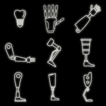 Bionic artificial limbs icons set vector neon Illustrazione stock
