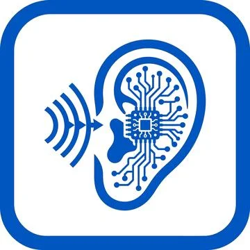 Bionic ear device icon with blue circuit signal processing. 스톡 일러스트