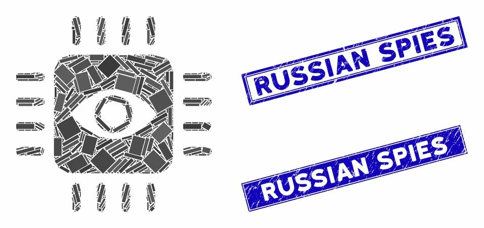 Bionic Eye Processor Mosaic and Distress Rectangle Russian Spies Stamps Stock Illustration