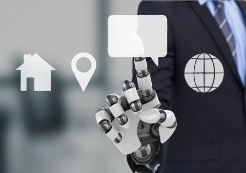 Bionic hand pointing at contact icon interface Stock Photos