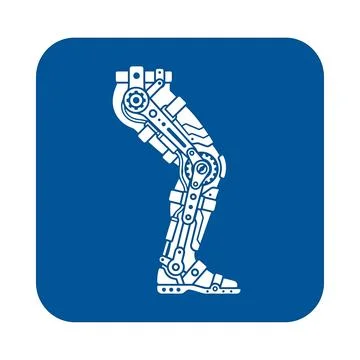 Bionic leg prosthesis icon on blue rounded square button. Stock Illustration