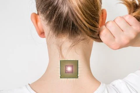 Bionic microchip inside female human body - future technology and cybernetics co Stock Photos