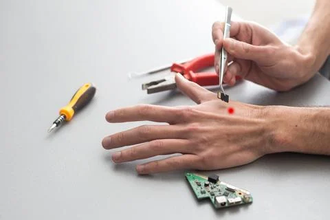 Bionic microchip inside human body - future technology and cybernetics concept. Stock Photos