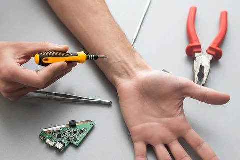 Bionic microchip inside human body - future technology and cybernetics concept. Stock Photos