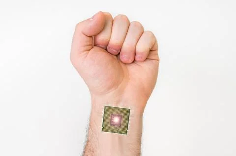 Bionic microchip inside human hand - future technology and cybernetics concept Stock Photos
