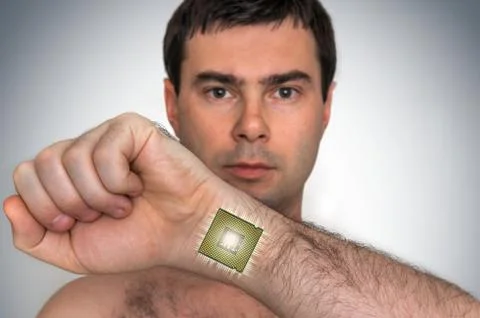 Bionic microchip (processor) inside male human body - future technology and c Stock Photos