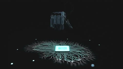Bionic robot arm presses on the processor. Processor-based electronic brain Stock Footage 233890253