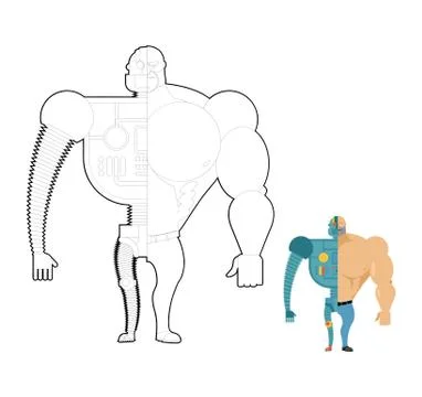 Bionic robot coloring book. Cyber-man of future. Iron skeleton and human body Stock Illustration