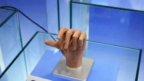 A bionic robotic prosthetic hand displayed on a modern technological base. Stockbeeldmateriaal 344272298