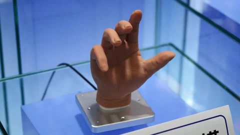 A bionic robotic prosthetic hand displayed on a modern technological base. Stockbeeldmateriaal 344272307