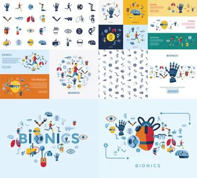 Bionics and artificial intelligence icon set Illustrazione stock