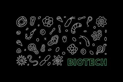 Biotech concept outline vector horizontal dark banner - Biotechnology illus.. Stock Illustration