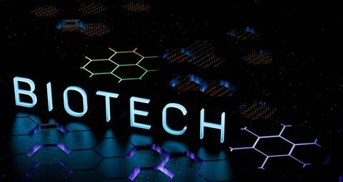 Biotech digital technology concept. Bio-tech abstract glowing neon design.3D Stock Illustration