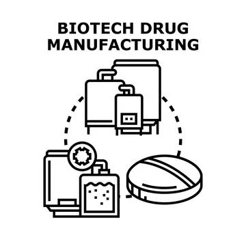 Biotech drug manufacturing process producing medical pharmaceuticals Stock Illustration
