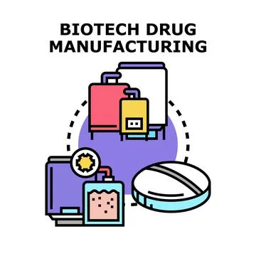 Biotech drug manufacturing process producing medical pharmaceuticals Stock Illustration
