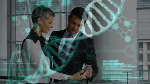 Biotech experts analyzing DNA data by swiping smartphone examining holographic Stock Footage 318239882