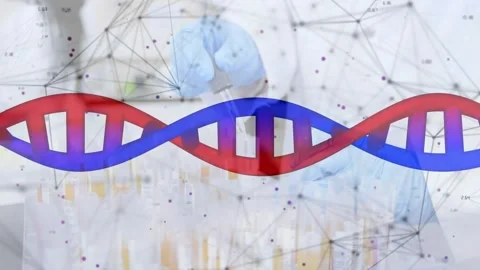 Biotech lab tech holding pipette over rack showing DNA helix and grid while Stock Footage 320089789