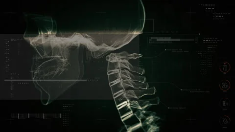 Biotech X-ray scan of cervical spine with digital HUD diagnostics Stock Footage 322210981