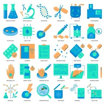 Biotechnologies flat icon set Stock Illustration