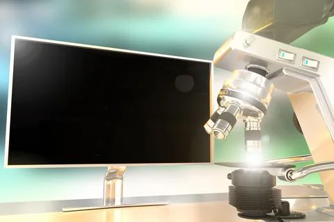 Biotechnology analysis concept, microscope and monitor with flare Illustrazione stock