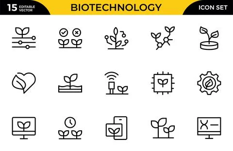 Biotechnology line icon set. Includes icons for scientific, innovation, mic.. Stock Illustration