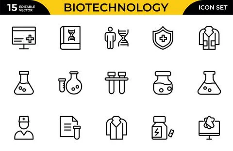 Biotechnology line icon set. Includes icons for scientific, innovation, sci.. Stock Illustration