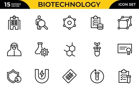 Biotechnology line icon set. Includes icons for scientific, innovation, sci.. Stock Illustration