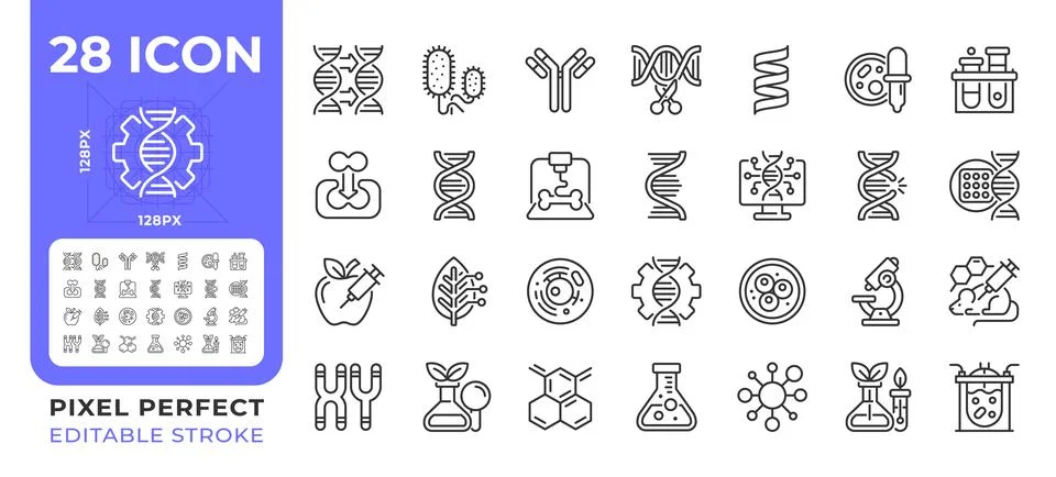 Biotechnology pixel perfect simple line icons set 库存插图