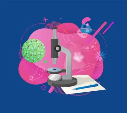 Biotechnology Research, Microscope and Cell Vector Illustrazione stock